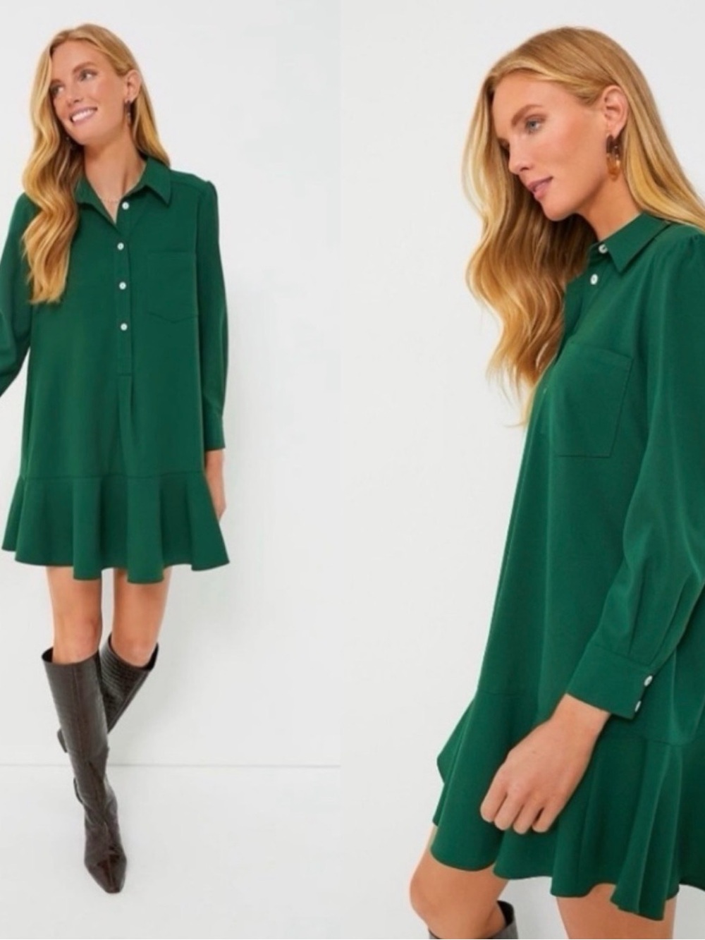 Emerald Green Ruffle-Hem Shirt Dress